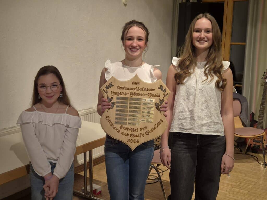 Drei Mädchen stehen nebeneinander und lächeln in die Kamera. Das mittlere hält eine Holztafel mit der Aufschrift "SV Untermaiselstein Jugend-Förder-Preis" und Jahresplaketten in der Hand.